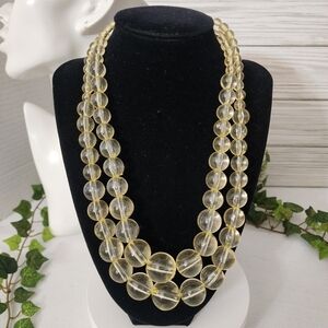 Vintage Clear Yellow Acrylic Bead Necklace Double Strand